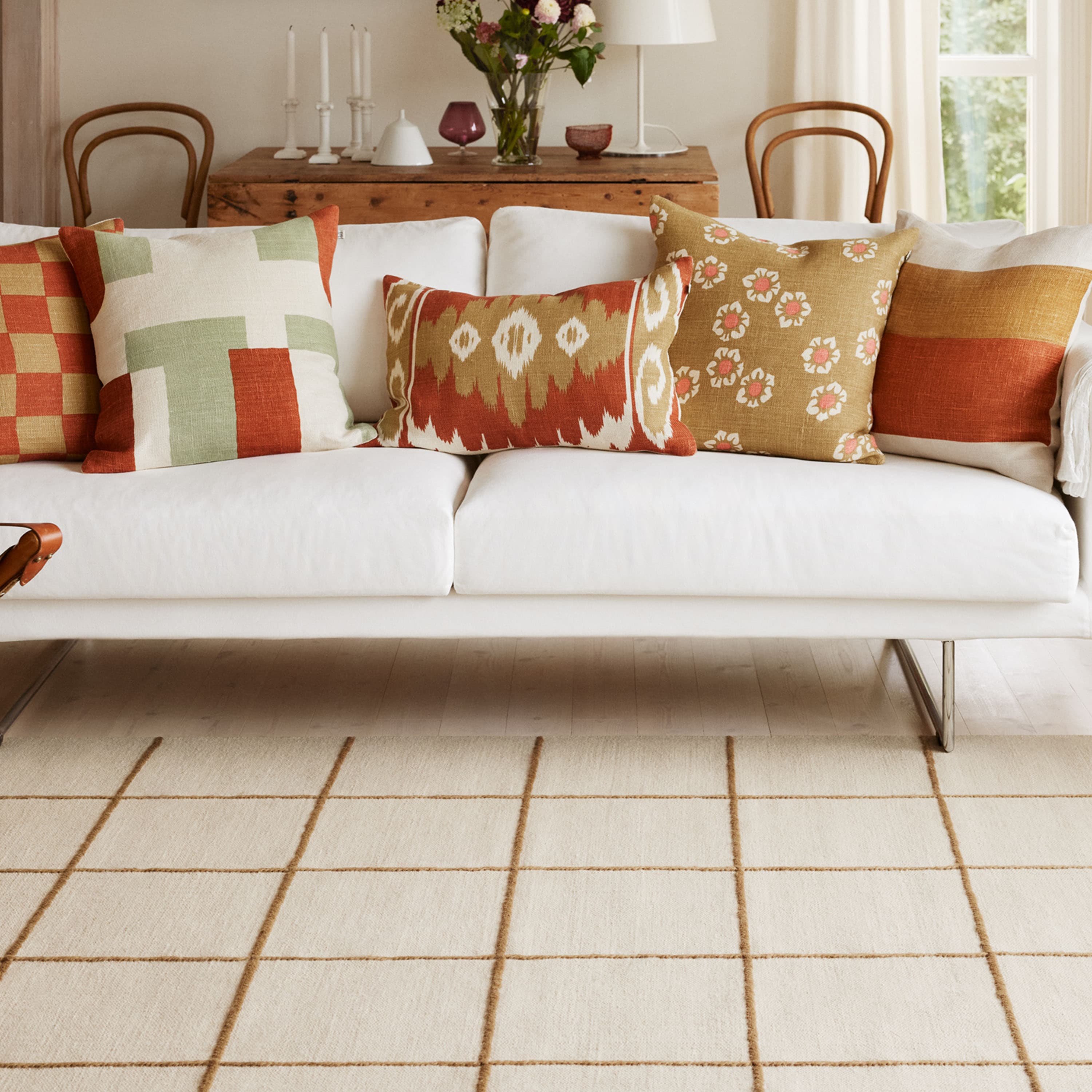 Buffalo Check Kuddfodral Linne Khaki/Apricot Orange 50x50