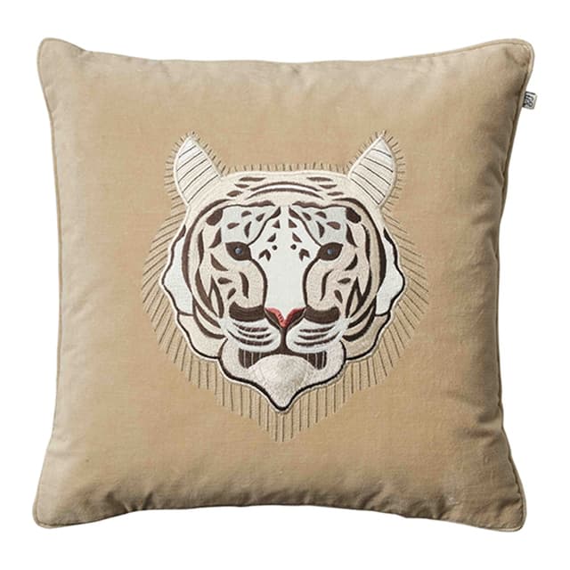 Embroidered Weißes Tiger-Kissenbezug aus Samt, beige, 50x50