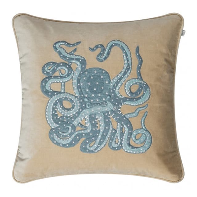 Embroidered Octopus Pillow Cover Velvet Beige/Aqua 50x50