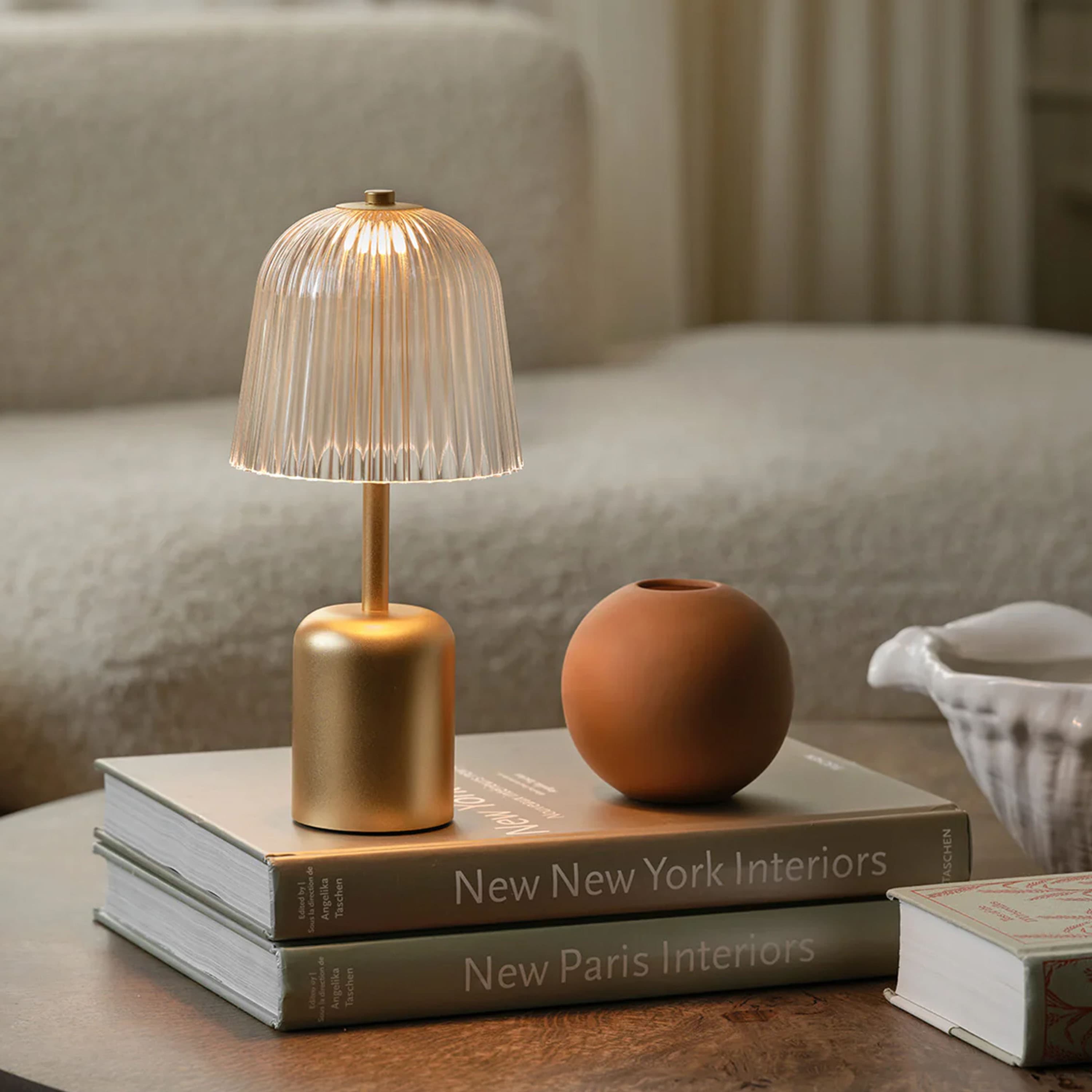 Asteea Portable Table Lamp Satin Brass/Ripple Clear