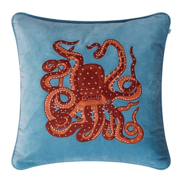 Embroidered Octopus Cushion Cover Velvet Heaven Blue/Orange/Rose 50x50